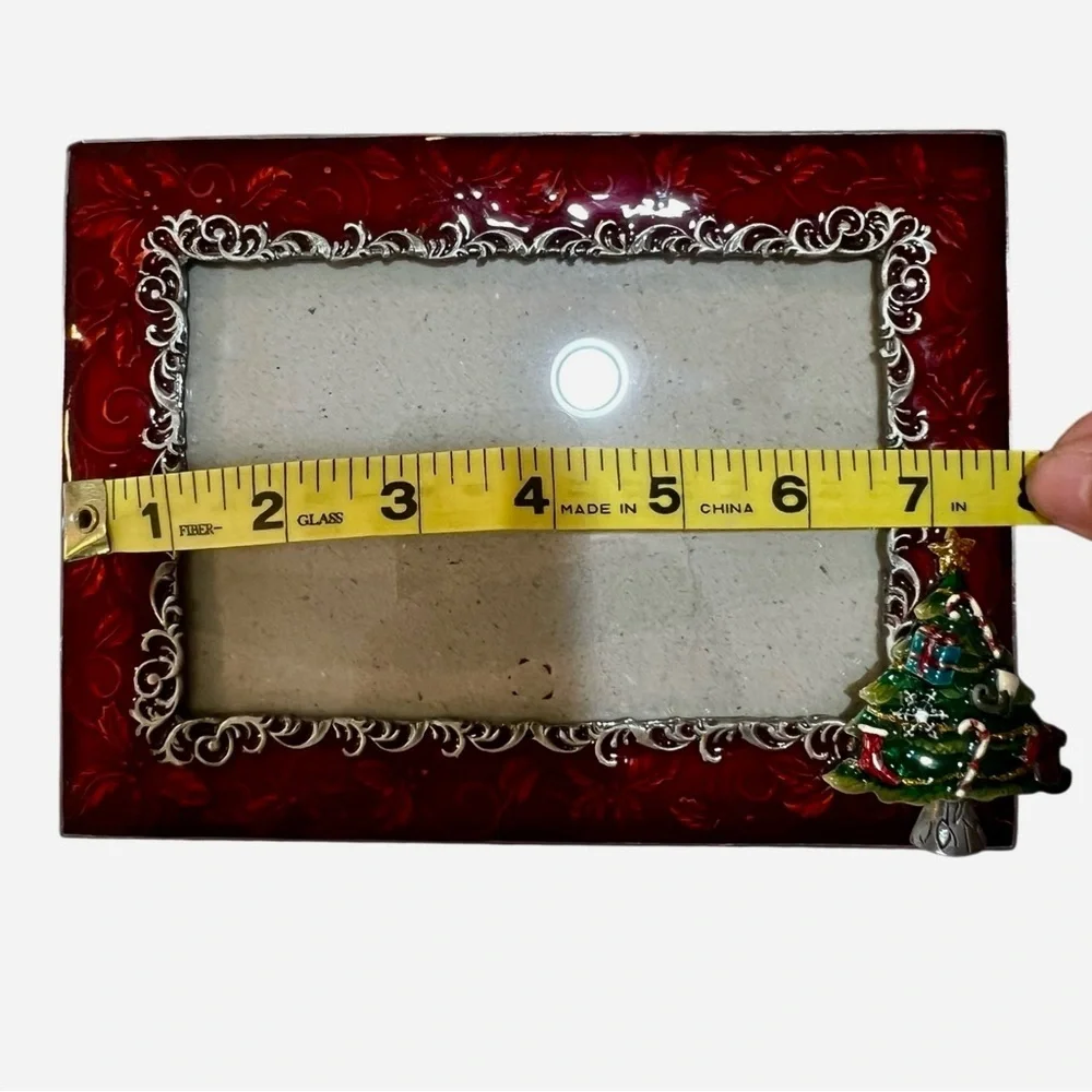 Red Decorative Epoxy Photo Frame with Christmas Tree Accent EUC